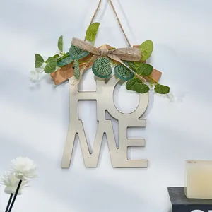 Adorno de pared de madera HOME con hojas verdes y lazo de arpillera decorativo