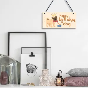 Wooden pug birthday hanging sign with 'happy birthday dog' message for pet decor