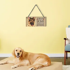 Detailed macro view of rustic wooden German Shepherd sign hanging on wall for home decor