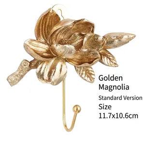 Elegante gancio da parete con fiore di magnolia dorato stile europeo, 11,7x10,6 cm
