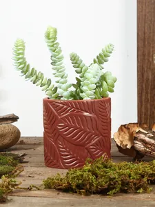Detailansicht eines Harz-Blumentopfs mit Blattmuster-Relief und einer Sukkulente