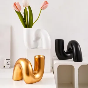 Vase Artistique Moderne en Résine à Tuyau Courbé Minimaliste Style Ins Forme de U Vase à Fleurs Géométrique Décor de Bureau Ornement pour Maison Bureau