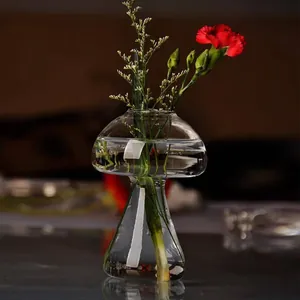 Transparante paddenstoelvormige glazen bloemenvaas met een mooie rode anjer op tafel