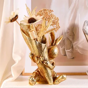 Golden Easter bunny figurine resin flower vase with decorative bouquet holder design