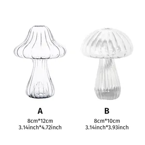 Afmetingen voor twee soorten heldere glazen paddenstoelvazen in centimeters en inches