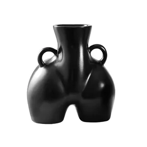Jarrón artístico de resina negra mate forma de cuerpo humano con dos asas decorativo