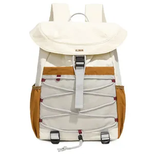 Minimalist cream outdoor backpack with brown accents and elastic mesh
