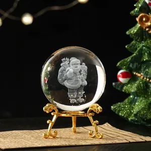 3D laser engraved Santa Claus crystal ball on ornate gold stand decorative piece