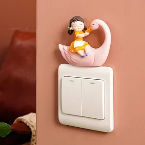 Cute fairy-tale girl on pink swan resin ornament for child room light switch decoration