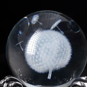 Close-up of laser engraved dandelion inside a transparent crystal ball ornament