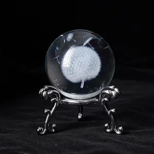 Creative laser engraved dandelion crystal ball on silver metal stand desktop decor