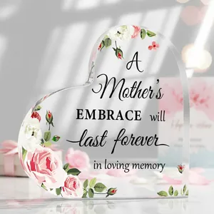 Close-up detail of heart-shaped acrylic plaque with Mother's Day floral print and quote