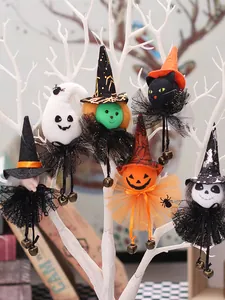 Detail view of Halloween hanging ornaments including ghost witch pumpkin and black cat