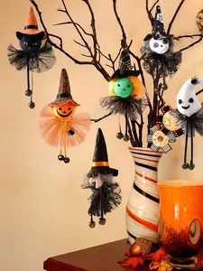 Set of plush Halloween ornaments featuring witch, ghost, cat hanging on decorative branches.