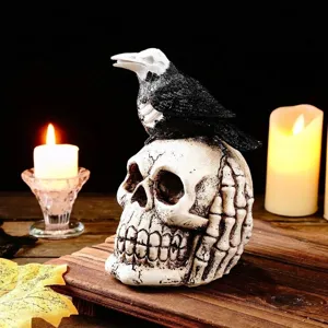Close-up detail of horror resin skull and skeleton crow sculpture for Halloween decoration