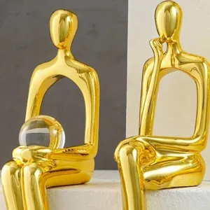 Modern Abstract Golden Thinker Statue Resin Sitting Human Figure Sculpture Electroplated Art Ornament For Living Room Office Desktop Decor