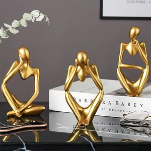 Set de 3 estatuas abstractas doradas de pensadores para decoración de mesa