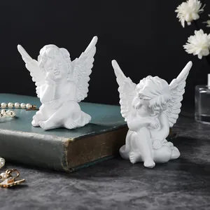 Pair of elegant white resin angel cherub figurines for Nordic style home desktop decor