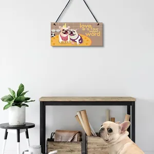 Wooden pet dog hanging sign featuring cartoon French Bulldogs in a home interior scene