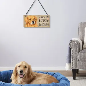 Decorative wooden wall plaque with Golden Retriever theme in a cozy home lifestyle setting