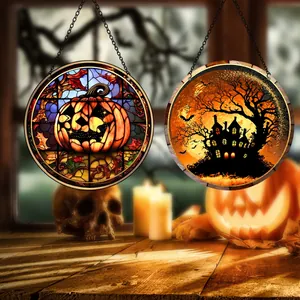 Décorations d'Halloween en acrylique avec motifs citrouille et maison hantée stylisés