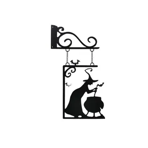 Black metal Halloween witch cauldron silhouette wall hanging ornament