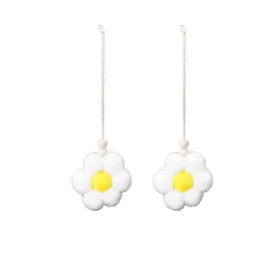Handmade plush white flower pendant with wooden beads for car or bag decoration