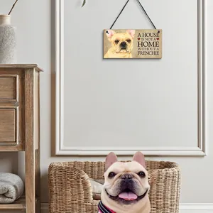 French Bulldog wooden hanging sign decor displayed on wall above dog basket