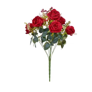 Elegant multi-head artificial red rose bouquet for wedding and home holiday decoration