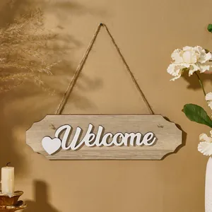 Elegant rustic wooden Welcome sign with white heart detail hanging in home interior setting