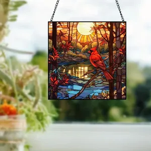 Atrapasol de acrílico con cardenal rojo estilo vitral para decoración de colgar en ventana