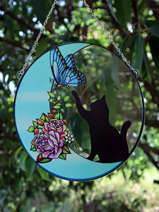 Stained glass style suncatcher featuring a black cat silhouette and butterfly home decoration