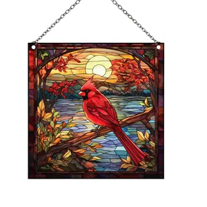 Atrapasol de cardenal rojo en acrílico estilo vidriera para colgar en la ventana