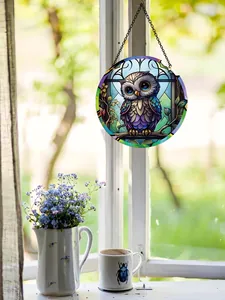 Stained glass style acrylic owl window hanging ornament for indoor home decoration