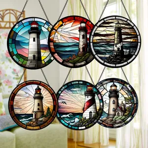 Detailed showcase of six colorful acrylic lighthouse suncatchers with metal hanging chains.