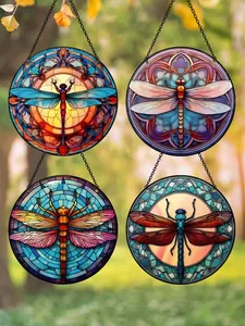 Lot de 4 pendentifs en acrylique style vitrail libellule pour décoration de jardin.