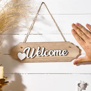 Rustic wooden welcome hanging plaque for wall decor with white 3D heart and script text