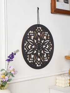 Bohemian wooden wall hanging round carved art pendant European background decor piece