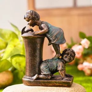 Detailed retro distressed resin sculpture of two children playing by a garden water pump