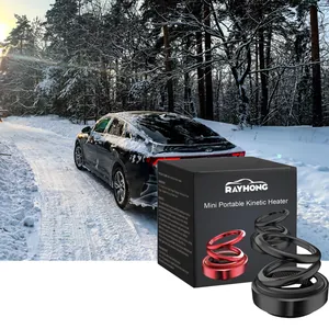 Detail view of Rayhong mini portable kinetic heater and its black retail packaging
