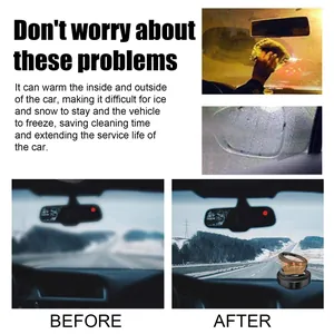 Portable car vibration de-icer showing before and after windshield clearing effect