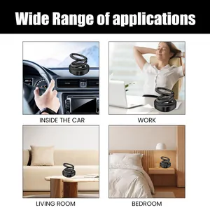 Portable solar-powered rotating device for cars, offices, and homes shown in 4 scenes