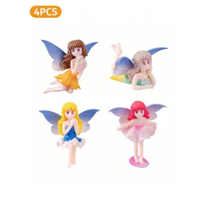 Set of 4 adorable miniature garden fairy figurines with wings for DIY micro-landscape decor