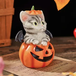 Halloween cat resin ornament pumpkin bucket tabletop decor spooky cute party gift detail view