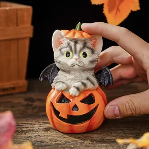 Halloween resin grey cat pumpkin bucket figurine detail view desktop festive decoration prop
