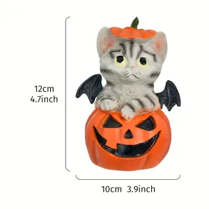 Halloween resin cat ornament pumpkin bucket with bat wings spooky desktop home decor figurine