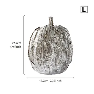 Vase décoratif citrouille argenté à texture de feuille, 22,7cm x 18,7cm