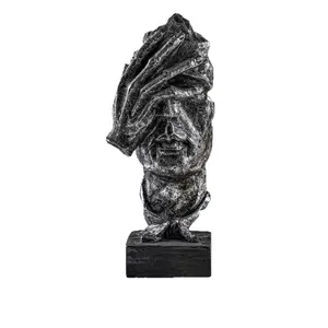 Escultura de retrato humano abstracto, mano sobre los ojos, adorno artístico plateado.