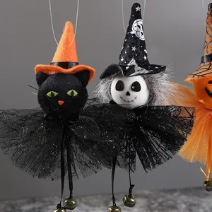 Handmade Halloween hanging ornaments with cat and witch dolls and bells