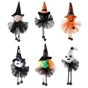 Set of 6 Halloween hanging ornaments including witch pumpkin and ghost dolls with bells